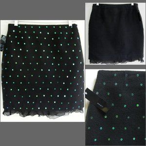 NWT Black pencil skirt 8 Green sequins Ruffle hem Lined Straight Embellished New
